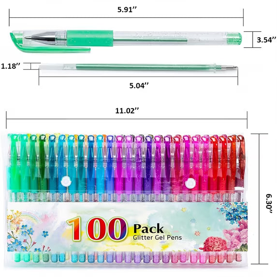 Fenmay Glitter Pens, 100 Pack Sparkle Gel Pens Vibrant Color Set for Adult Durable & Comfortable Grip