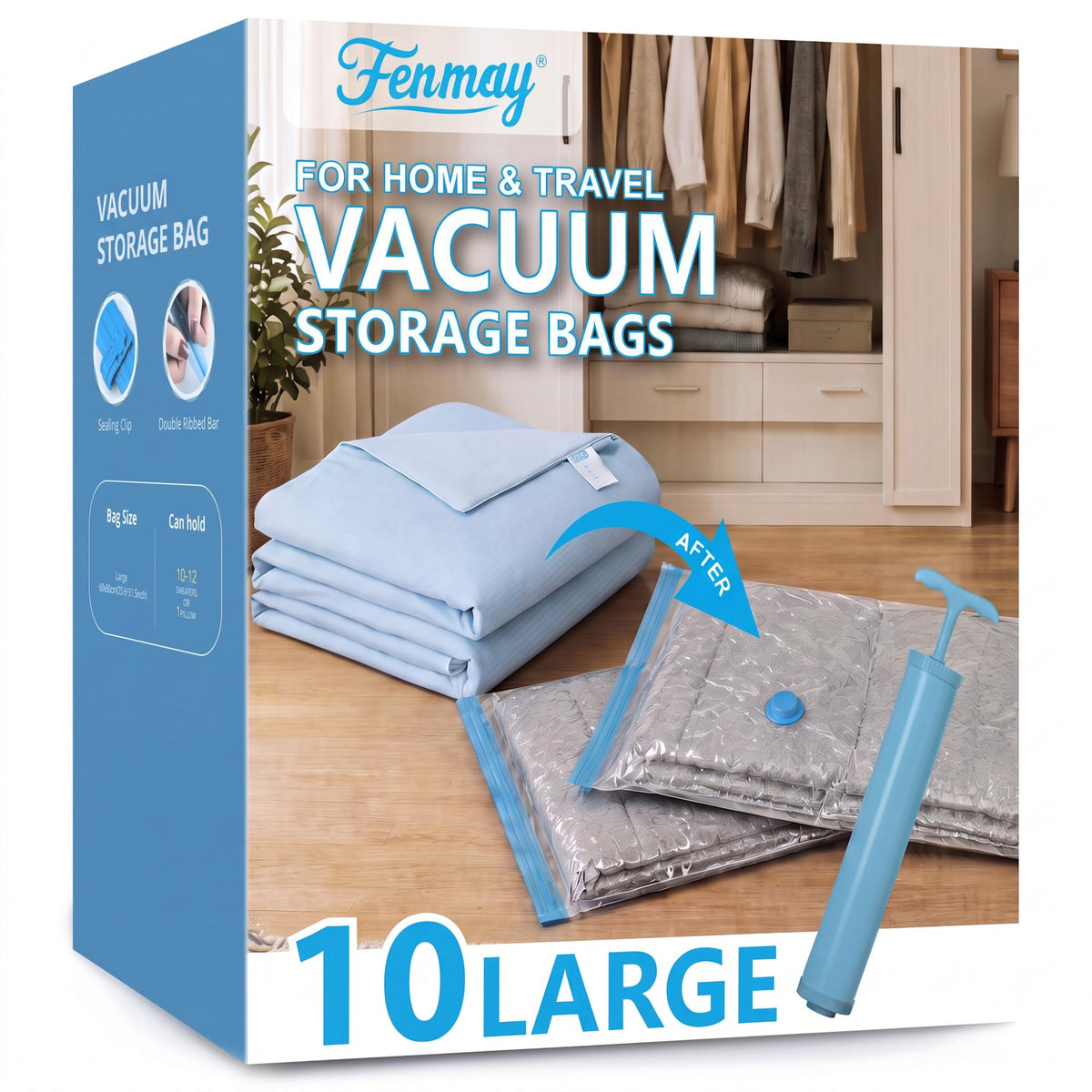 Fenmay 10 Pack Large Vacuum Storage Bags with Hand Pump, Airtight Reusable Space Saver Vacuum Seal Bags for Clothes, Blankets, Pillows & Bedding
