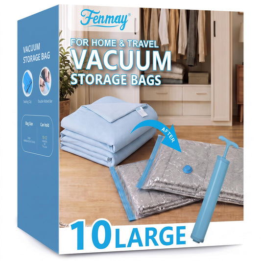 Fenmay 10 Pack Large Vacuum Storage Bags with Hand Pump, Airtight Reusable Space Saver Vacuum Seal Bags for Clothes, Blankets, Pillows & Bedding