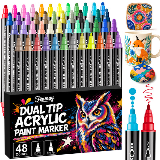 Fenmay 48 Pack Dual Tip Acrylic Paint Markers, Dot & 1mm Fine Point Paint Pens for Rock, Wood, Glass, Fabric, Canvas, Coloring Books, DIY Crafts, Classroom Art Supplies & Teacher Appreciation Gifts