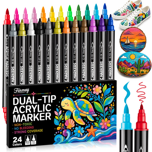 Fenmay 24 Colors Acrylic Paint Markers, Dual Tip with Fine Tip and Brush Tip Pens for Stone, Wood, Calligraphy, Canvas, Ceramic, Metal, Glass, Rock Painting, DIY Crafts Art Supplies Kit