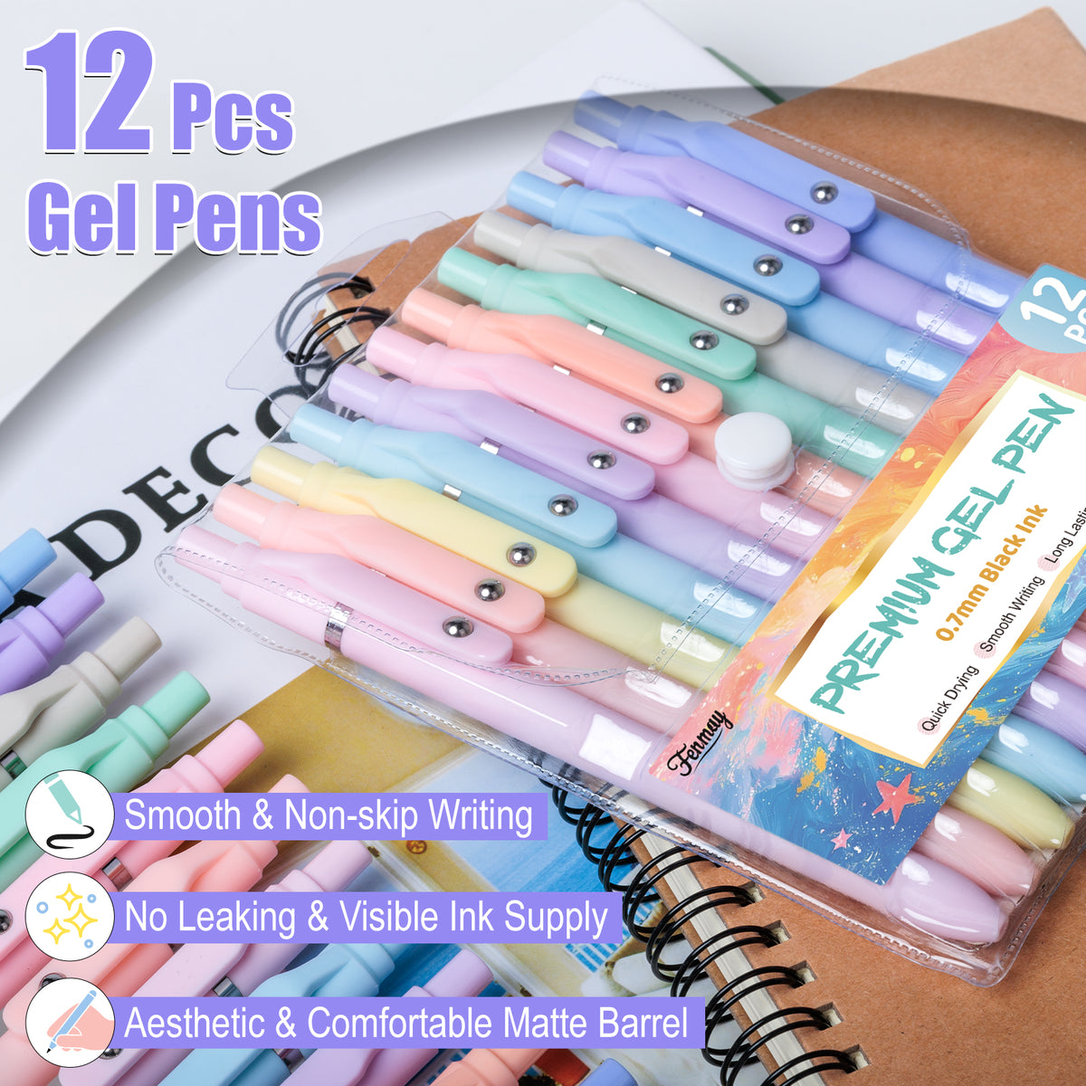 Fenmay Gel Pens, 12 Pcs Black Ink Pens 0.7mm Medium Point| Quick Dry No Smudge, Smooth Writing, Retractable Aesthetic Pens for Journaling Note Taking Office Supplies