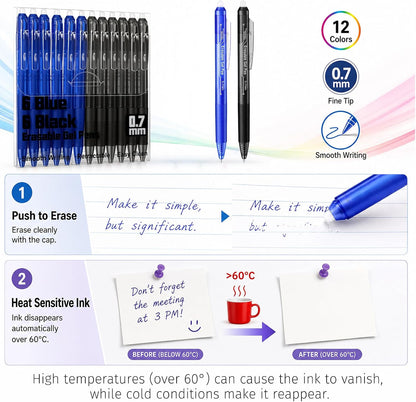 Fenmay 12 Pack Retractable Erasable Gel Pens, 6 Black & 6 Blue 0.7mm Fine Point Click Pens, Smooth Erasable Ink for Writing, Journal Planning, Drawing & Crossword Puzzles