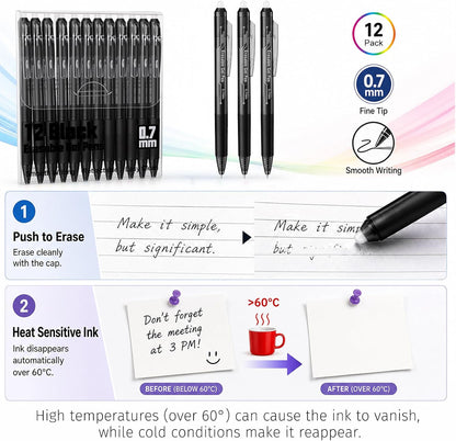 Fenmay Retractable Erasable Gel Pens, 12 Solid Black Fine Point Erasable Pens Clicker, Make Mistakes Disappear, Perfect for Drawing, Writing, Planner & Crossword Puzzles (0.7mm, Pack of 12)