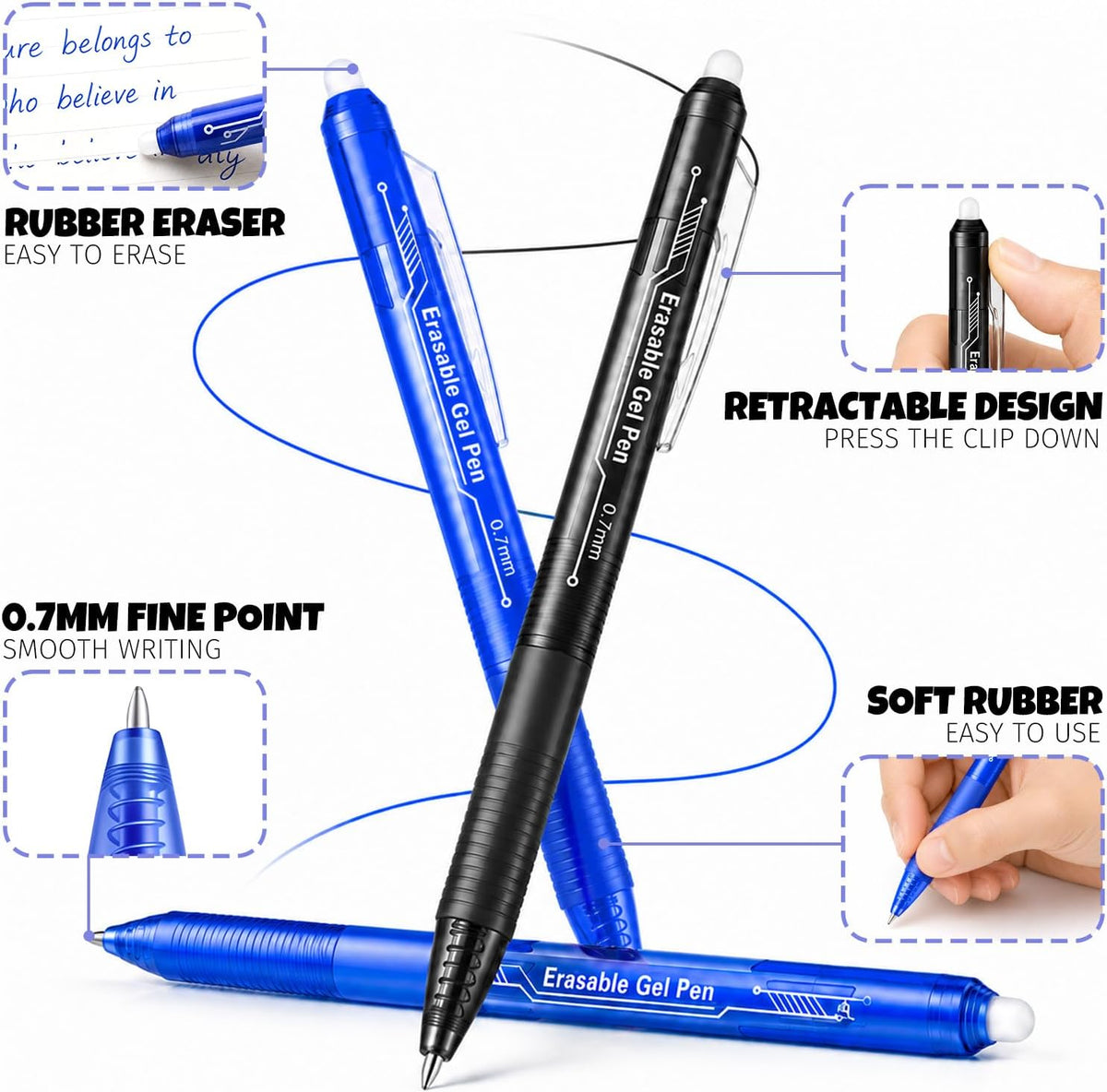 Fenmay 12 Pack Retractable Erasable Gel Pens, 6 Black & 6 Blue 0.7mm Fine Point Click Pens, Smooth Erasable Ink for Writing, Journal Planning, Drawing & Crossword Puzzles