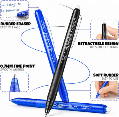 Fenmay 12 Pack Retractable Erasable Gel Pens, 6 Black & 6 Blue 0.7mm Fine Point Click Pens, Smooth Erasable Ink for Writing, Journal Planning, Drawing & Crossword Puzzles