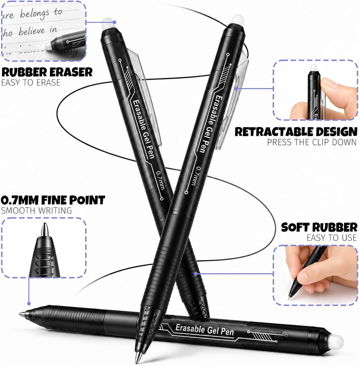 Fenmay Retractable Erasable Gel Pens, 12 Solid Black Fine Point Erasable Pens Clicker, Make Mistakes Disappear, Perfect for Drawing, Writing, Planner & Crossword Puzzles (0.7mm, Pack of 12)