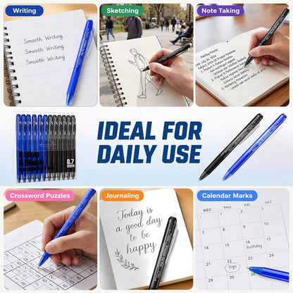 Fenmay 12 Pack Retractable Erasable Gel Pens, 6 Black & 6 Blue 0.7mm Fine Point Click Pens, Smooth Erasable Ink for Writing, Journal Planning, Drawing & Crossword Puzzles