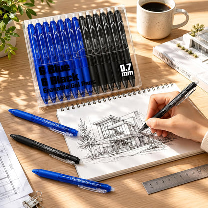 Fenmay 12 Pack Retractable Erasable Gel Pens, 6 Black & 6 Blue 0.7mm Fine Point Click Pens, Smooth Erasable Ink for Writing, Journal Planning, Drawing & Crossword Puzzles