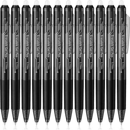 Fenmay Retractable Erasable Gel Pens, 12 Solid Black Fine Point Erasable Pens Clicker, Make Mistakes Disappear, Perfect for Drawing, Writing, Planner & Crossword Puzzles (0.7mm, Pack of 12)