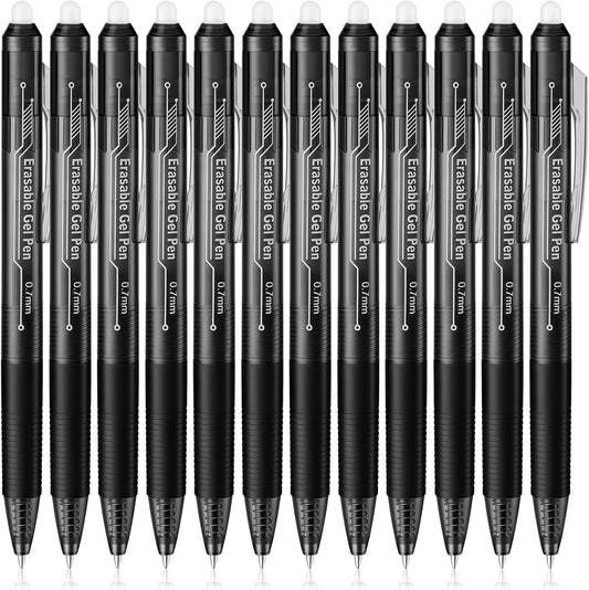 Fenmay Retractable Erasable Gel Pens, 12 Solid Black Fine Point Erasable Pens Clicker, Make Mistakes Disappear, Perfect for Drawing, Writing, Planner & Crossword Puzzles (0.7mm, Pack of 12)