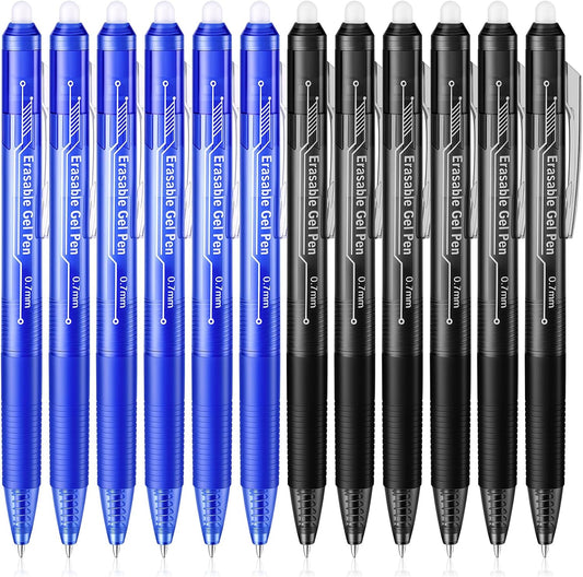 Fenmay 12 Pack Retractable Erasable Gel Pens, 6 Black & 6 Blue 0.7mm Fine Point Click Pens, Smooth Erasable Ink for Writing, Journal Planning, Drawing & Crossword Puzzles