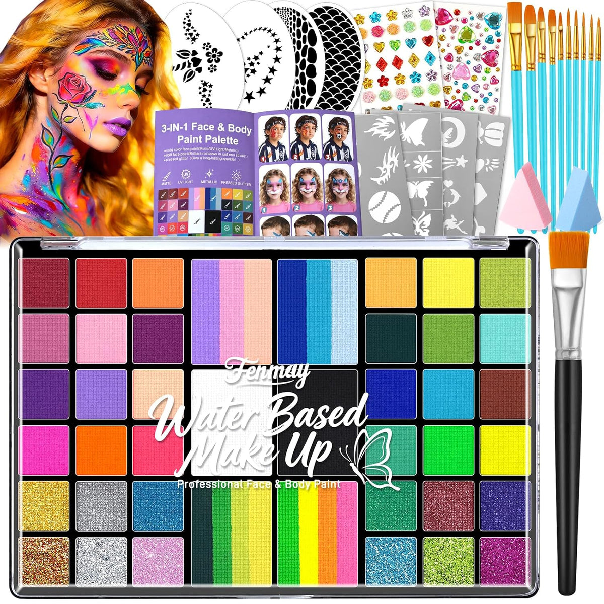 Fenmay Face Painting Kit for Kids - 42 Colors, Non-Toxic and Hypoallergenic, Stencils, Book, Brush, Sponge, and Professional Face Paint Makeup Palette- Safe and Easy to Use