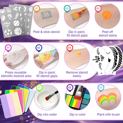 Fenmay Face Painting Kit for Kids - 42 Colors, Non-Toxic and Hypoallergenic, Stencils, Book, Brush, Sponge, and Professional Face Paint Makeup Palette- Safe and Easy to Use