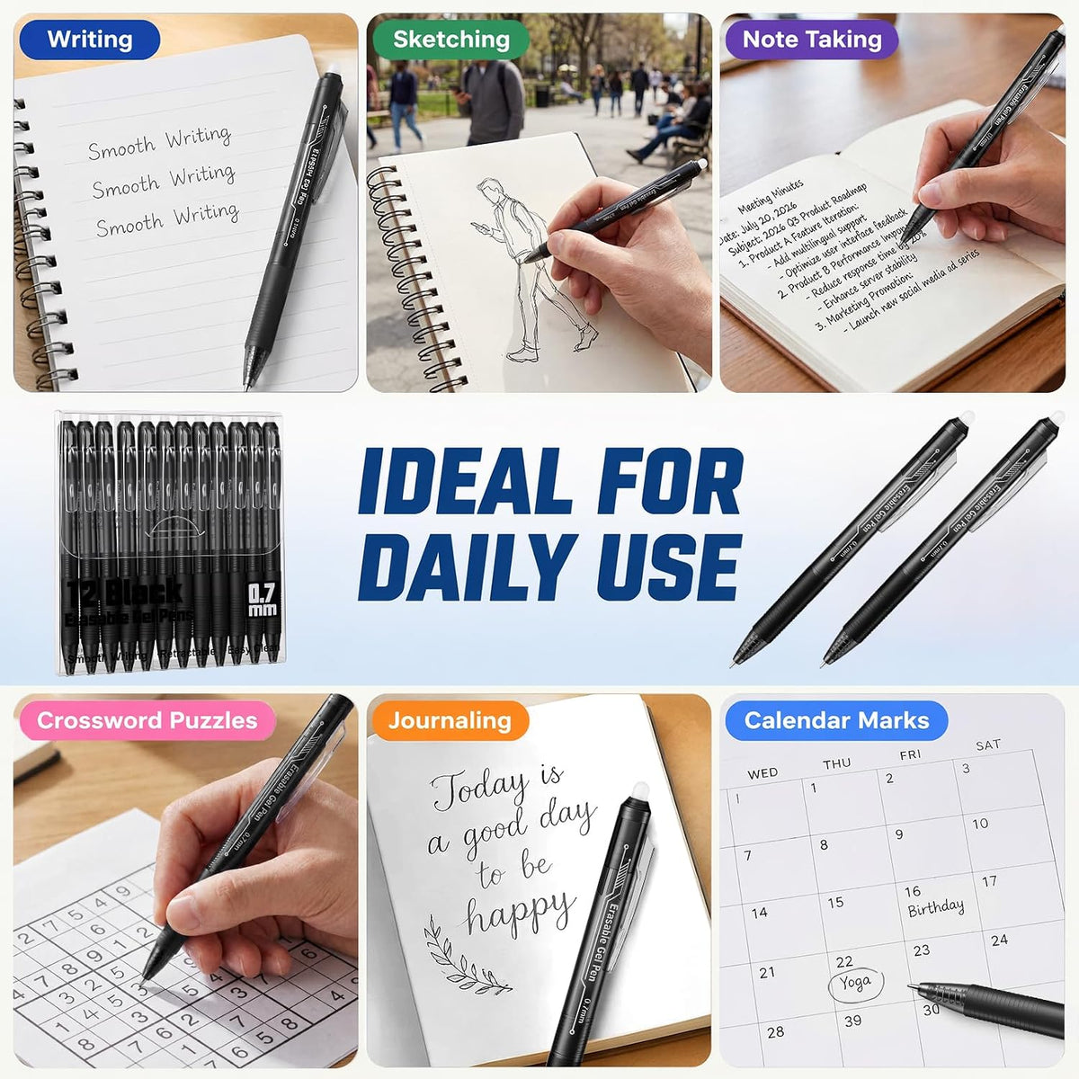 Fenmay Retractable Erasable Gel Pens, 12 Solid Black Fine Point Erasable Pens Clicker, Make Mistakes Disappear, Perfect for Drawing, Writing, Planner & Crossword Puzzles (0.7mm, Pack of 12)
