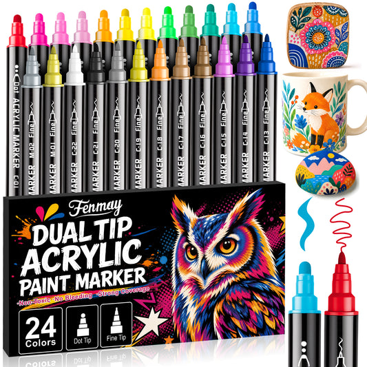 Fenmay 24 Pack Dual Tip Acrylic Paint Markers, Dot & 1mm Fine Point Paint Pens for Rock, Wood, Glass, Fabric, Canvas, Coloring Books, DIY Crafts, Classroom Art Supplies & Teacher Appreciation Gifts