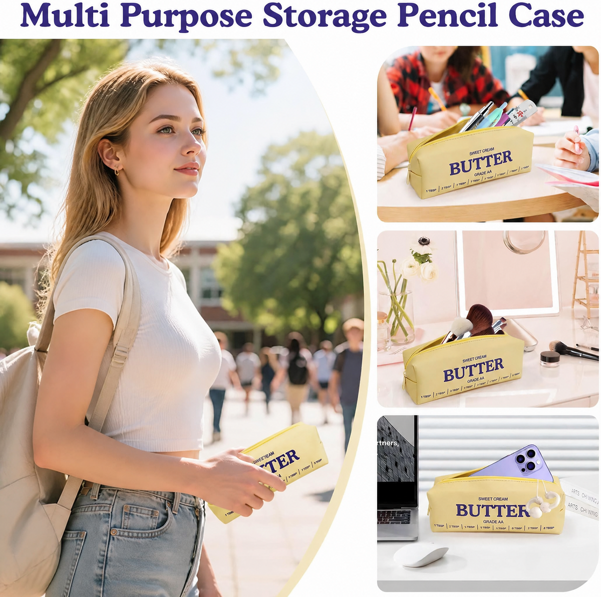 Fenmay Butter Yellow Pencil Pouch, Soft PU Faux Leather Stationery Storage Bag, Portable Zipper Pen Organizer for Office Workers, Creators & Daily Travel Use