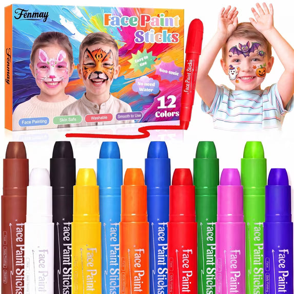 Fenmay Face Painting, 12 Colors XL Washable Face Body Paint Crayons Sticks, Non-Toxic Safe Smooth Makeup Painting Pen