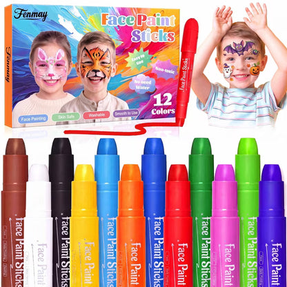 Fenmay Face Painting, 12 Colors XL Washable Face Body Paint Crayons Sticks, Non-Toxic Safe Smooth Makeup Painting Pen