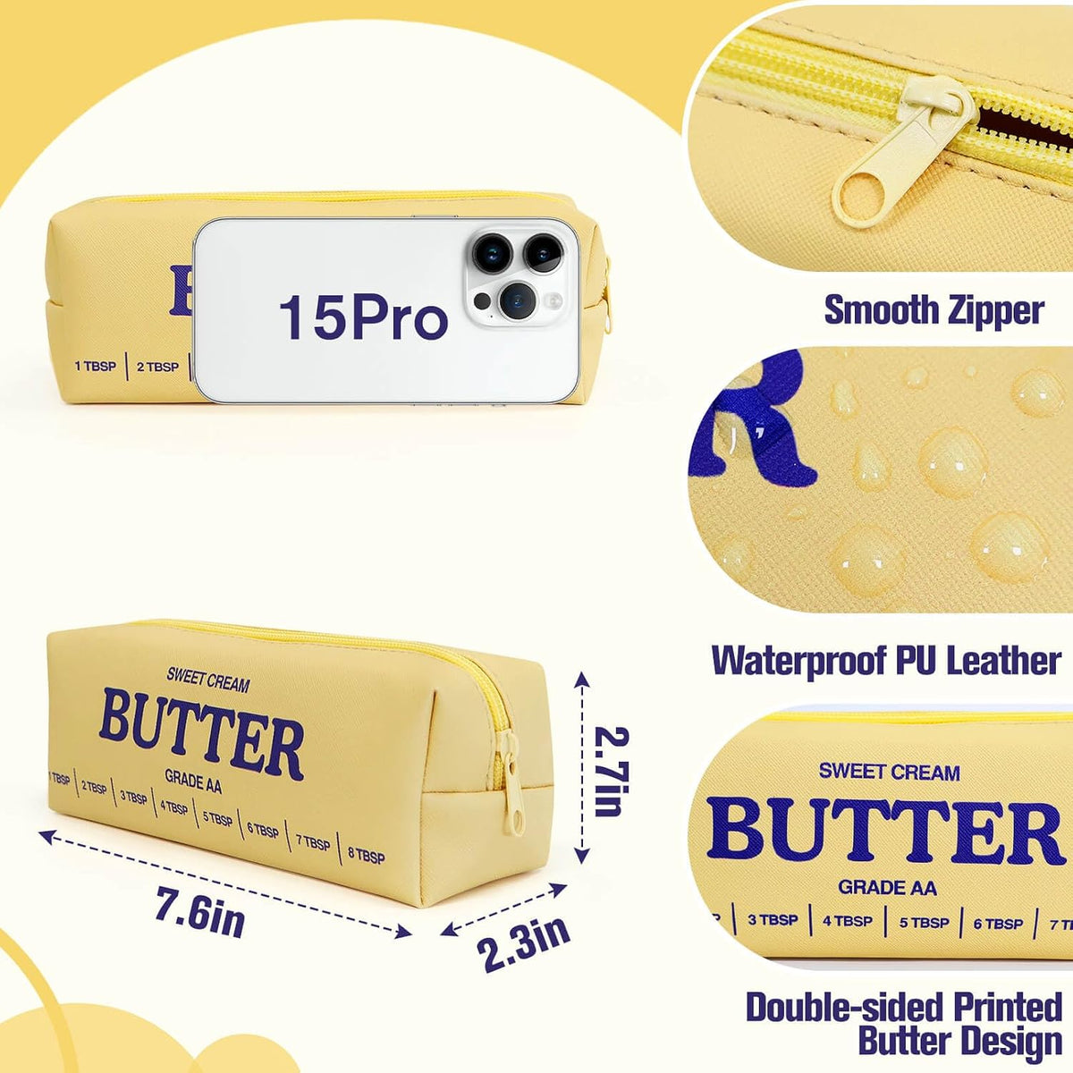 Fenmay Butter Yellow Pencil Pouch, Soft PU Faux Leather Stationery Storage Bag, Portable Zipper Pen Organizer for Office Workers, Creators & Daily Travel Use